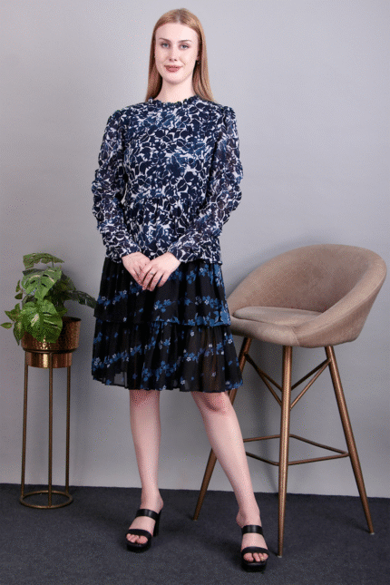 Blue Printed Chiffon Dress