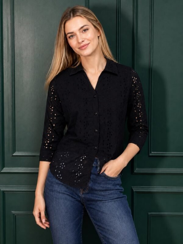 PW202660 Black Pure Cotton Schiffli Embroidery Shirt