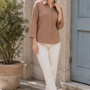 PW202657 Brown Pure Cotton Schiffli Embroidery Shirt