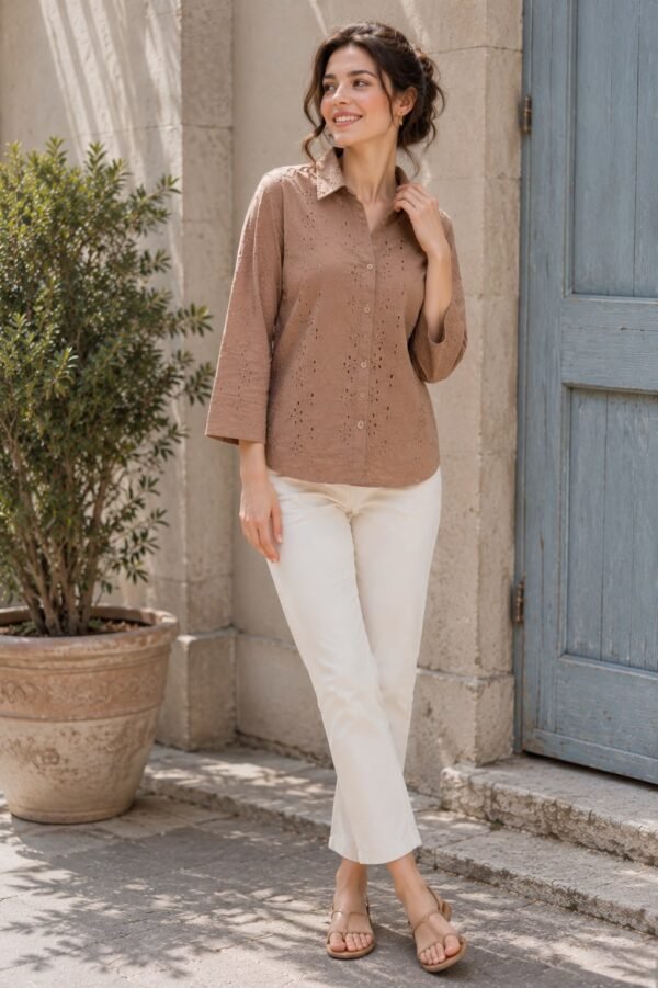 PW202657 Brown Pure Cotton Schiffli Embroidery Shirt