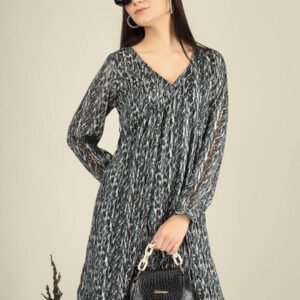 Grey Abstract Printed V-Neck A-Line Dress