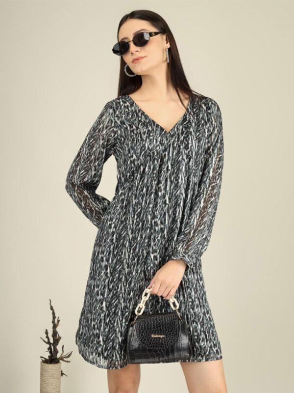 Grey Abstract Printed V-Neck A-Line Dress