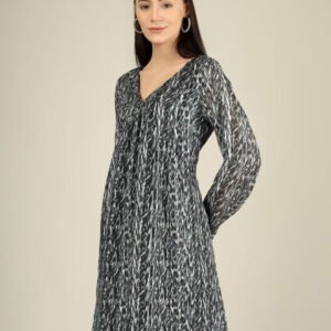 Grey Abstract Printed V-Neck A-Line Dress