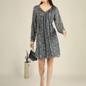 Grey Abstract Printed V-Neck A-Line Dress