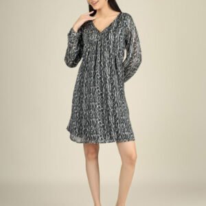 Grey Abstract Printed V-Neck A-Line Dress