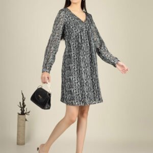 Grey Abstract Printed V-Neck A-Line Dress