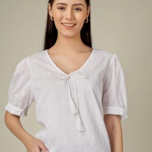 White Floral Embroidered Tie-Up Neck Puff Sleeve Cotton Top