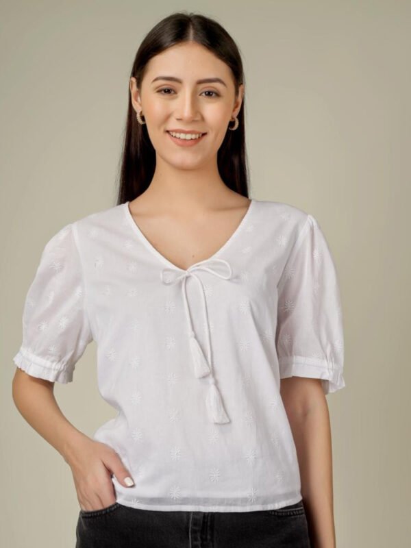 White Floral Embroidered Tie-Up Neck Puff Sleeve Cotton Top