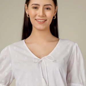 White Floral Embroidered Tie-Up Neck Puff Sleeve Cotton Top