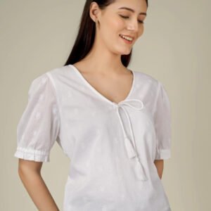 White Floral Embroidered Tie-Up Neck Puff Sleeve Cotton Top