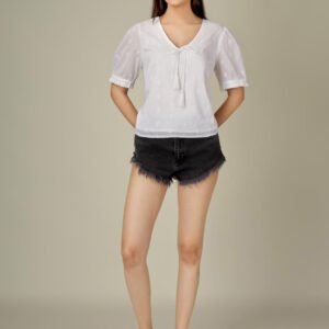 White Floral Embroidered Tie-Up Neck Puff Sleeve Cotton Top