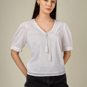 White Floral Embroidered Tie-Up Neck Puff Sleeve Cotton Top
