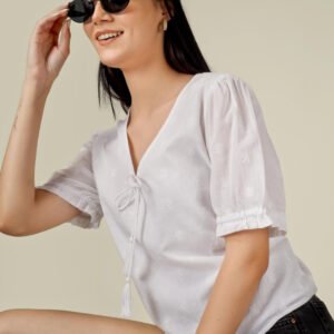 White Floral Embroidered Tie-Up Neck Puff Sleeve Cotton Top