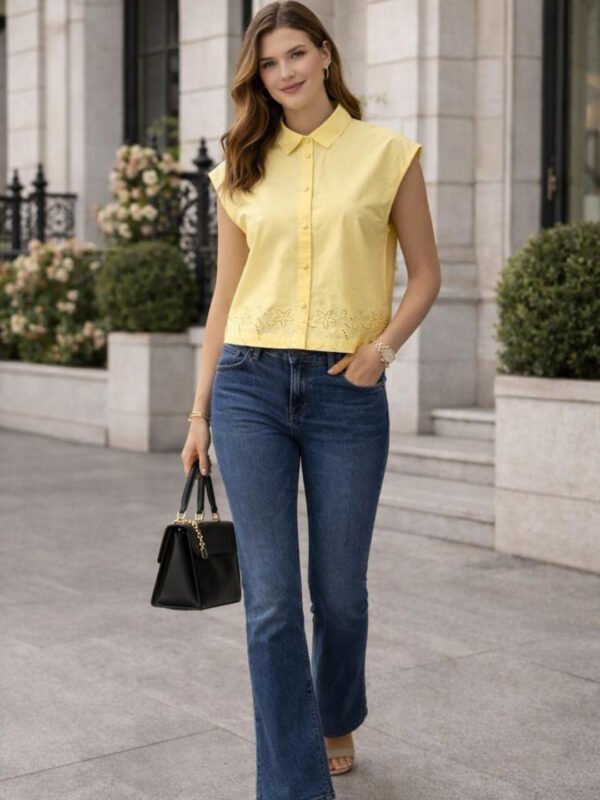 Yellow Embroidered Spread Collar Cotton Casual Shirt