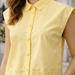 Yellow Embroidered Spread Collar Cotton Casual Shirt