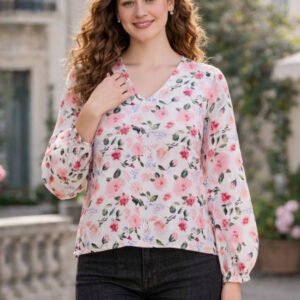 White Floral Print Satin Top