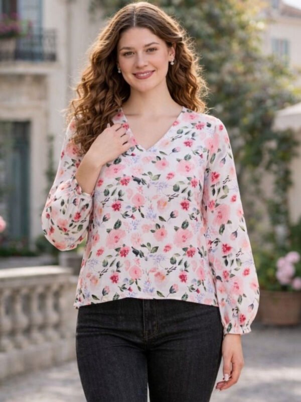 White Floral Print Satin Top
