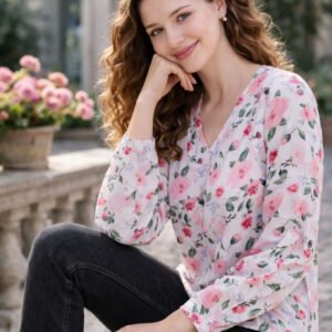 White Floral Print Satin Top