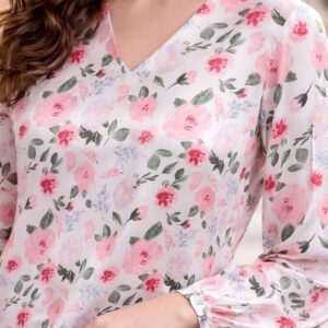 White Floral Print Satin Top