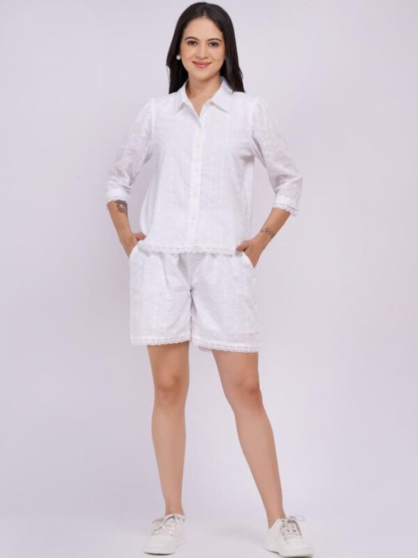 White Cotton Embroidered Shirt with Shorts