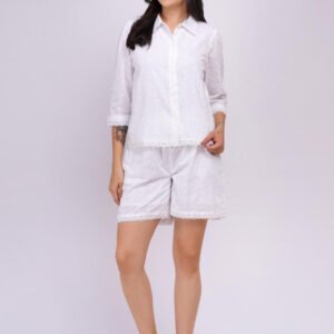 White Cotton Embroidered Shirt with Shorts