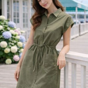 Olive Floral Embroidered Shirt Dress