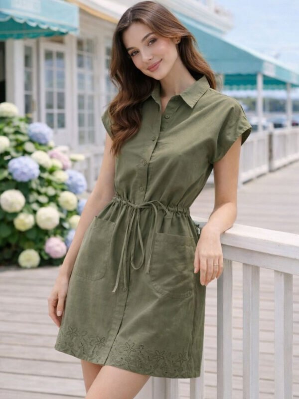 Olive Floral Embroidered Shirt Dress
