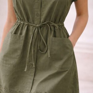 Olive Floral Embroidered Shirt Dress