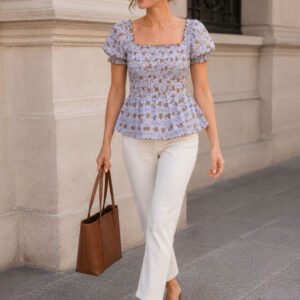 Blue Embroidered Puff Sleeve Cotton Peplum Top