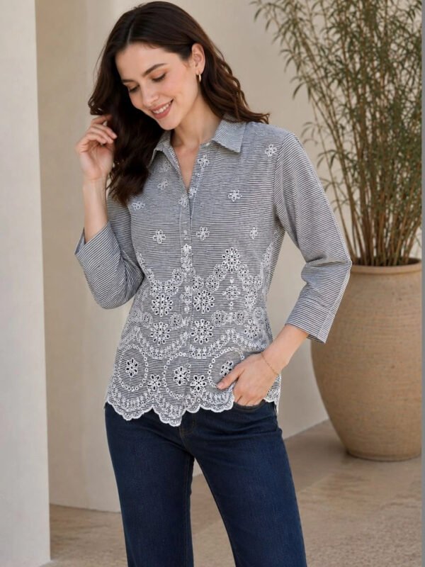 Grey Women Classic Striped Casual Shirt