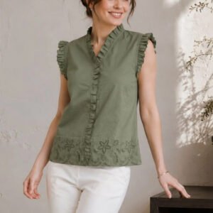 Green Embellished Embroidered Ruffles Cotton Top