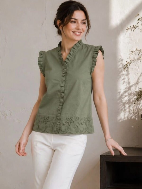 Green Embellished Embroidered Ruffles Cotton Top
