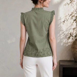 Green Embellished Embroidered Ruffles Cotton Top