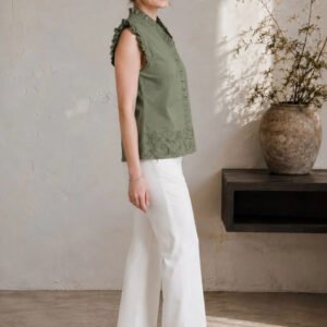 Green Embellished Embroidered Ruffles Cotton Top