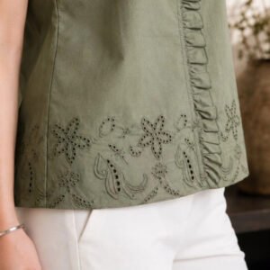 Green Embellished Embroidered Ruffles Cotton Top
