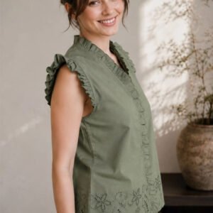 Green Embellished Embroidered Ruffles Cotton Top