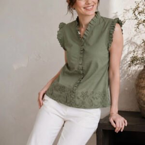 Green Embellished Embroidered Ruffles Cotton Top
