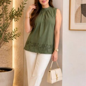 Olive Embellished Embroidered Cotton Top