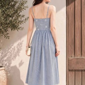 Grey Striped A-Line Midi Dress