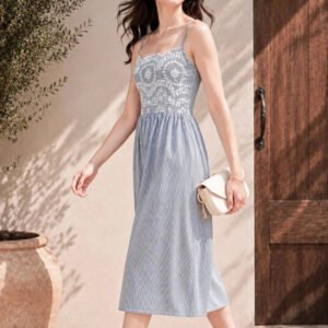 Grey Striped A-Line Midi Dress