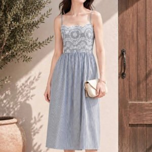 Grey Striped A-Line Midi Dress